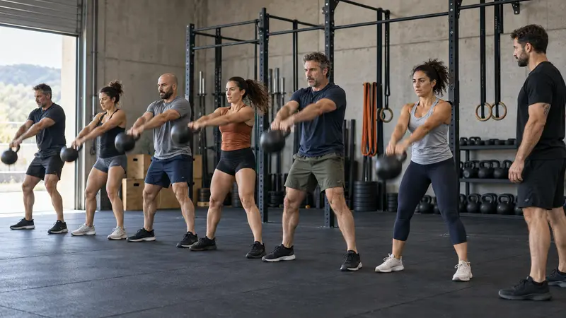 A small group class swings kettlebells while the coach watches.