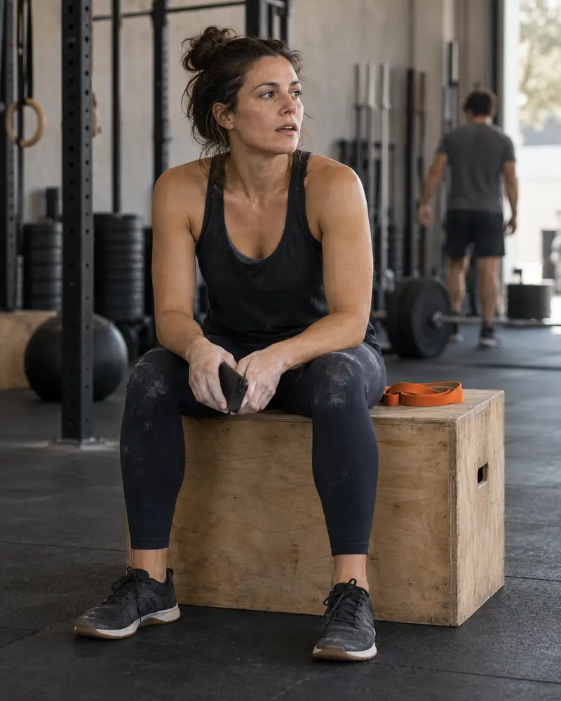 A member rests on a plyo box between sets, with chalk on her hands.